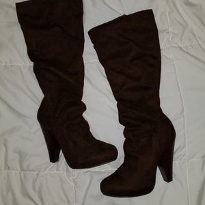 Brown suede knee high boots